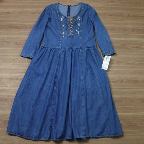 White House Blue Crewneck Long Sleeve Jean Dress - Picture 1 of 11